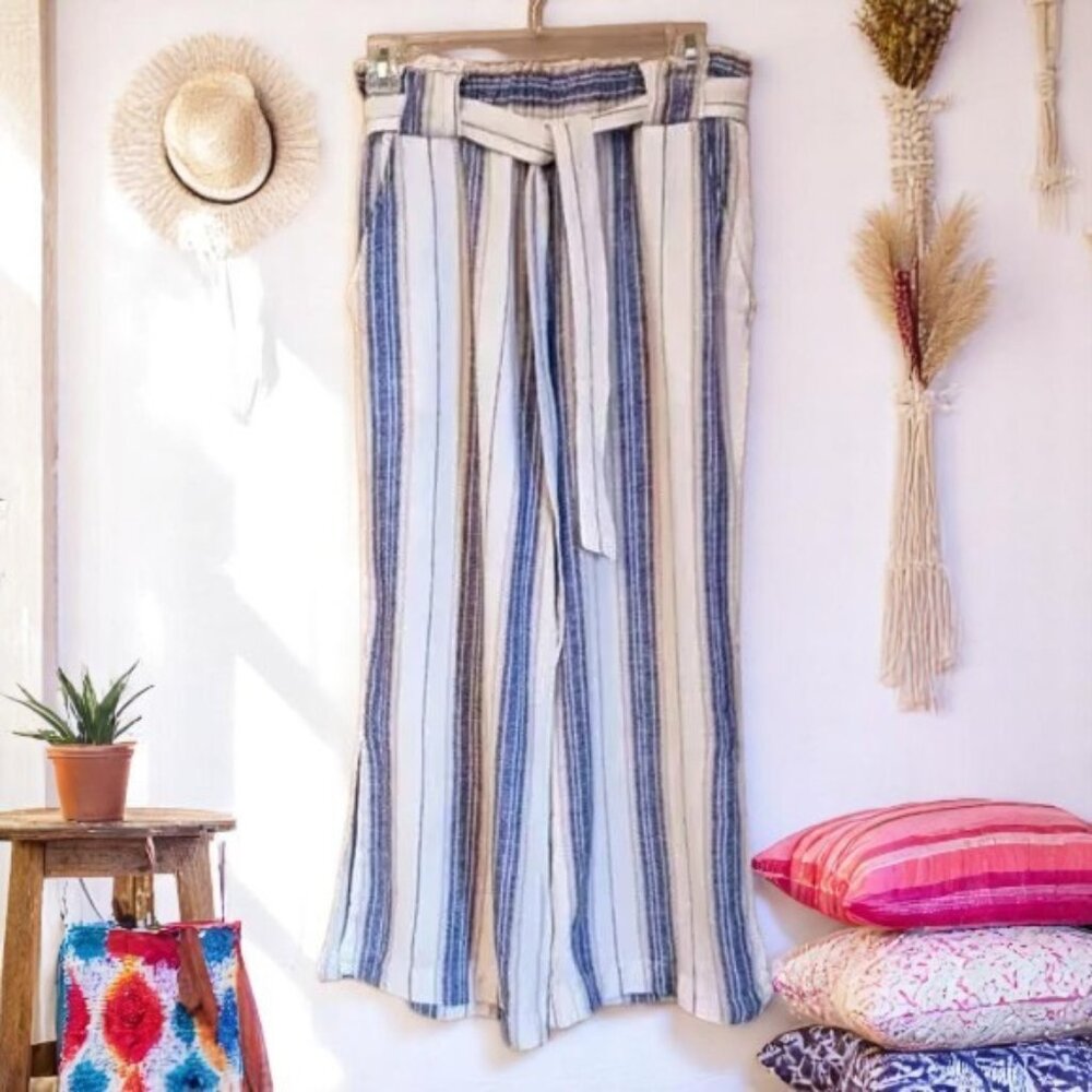 COPY - LINEN BLEND SUMMER Beach high waist Bohemian striped pull on wide leg pa…